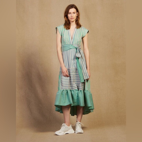 Sandro Green Mid-length Striped Dress - Size 38 - Picture 3 of 10